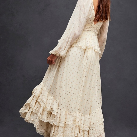 Free People Rococo Sand Emi Long Sleeved Dress Ruffle Lace Trim Metallic Ivory - Picture 2 of 6